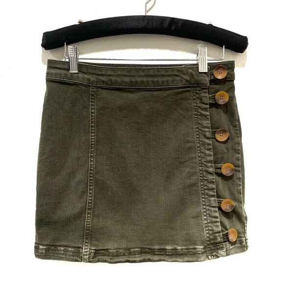 Vtg Free People Y2K  Army Green Tortoise Button Down Denim Mini Skirt - Picture 7 of 14